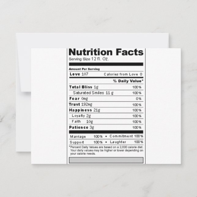 Cartão Rótulo de Nutrição Divertido e Doce para Casamento (Frente)