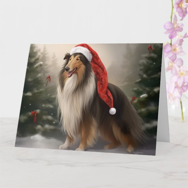 Cartão Rough Collie Cachorro na Neve Natal (Orquídea)