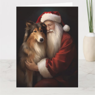 Cartão Rough Collie com Papai Noel Natal Festivo