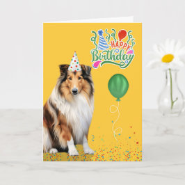Cartão Rough Collie Dog Party Hat Yellow Birthday