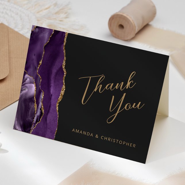 Cartão Roxo Ágata Script Casamento Escuro Obrigado (Criador carregado)