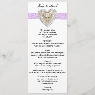 Cartão roxo do menu do casamento do laço do
