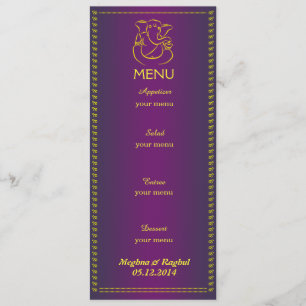 Cartão roxo do menu do casamento indiano elegante