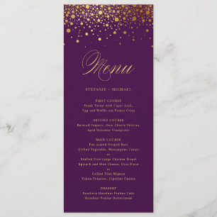 Cartão roxo elegante do menu dos confetes da folh