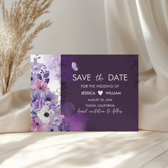 Cartão Roxo Floral de Salve a Data de Casamento (Criador carregado)