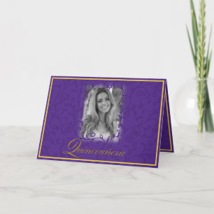 Cartão Royal purple floral vines with photo quinceanera