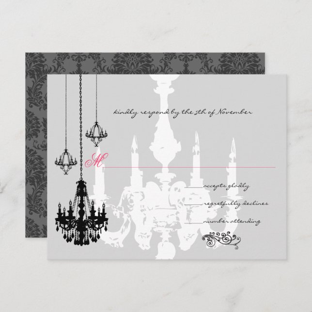 Cartão RSVP 3 Casamento de Ênfase Rosa de Chandeliers Pretos (Frente/Verso)