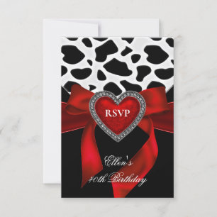 Cartão RSVP 40th Birthday Party Red Heart Jewel Cow Black Bow