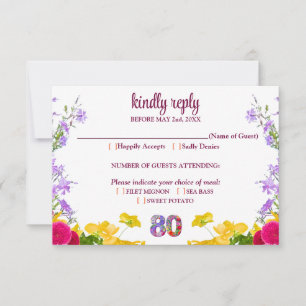 Cartão RSVP 80 de aniversário floral moderno festa de 80 anos