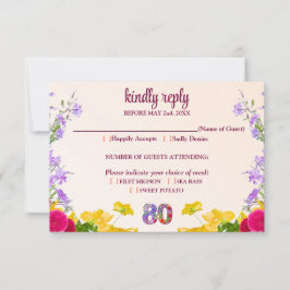 Cartão RSVP 80 de aniversário floral moderno festa de 80 anos