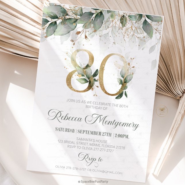 Cartão RSVP 80th birthday Elegant Milestone invitation (80th birthday invitation, editable sage green invitation, elegant floral design,  year old brunch, 8)