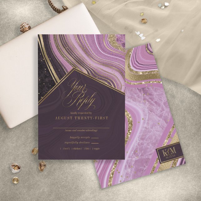 Cartão RSVP Abstrato Agate Wedding Mauve ID827 (Criador carregado)