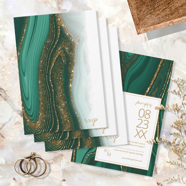 Cartão RSVP Abstrato Glitter Strata Wedding Green ID903 (Criador carregado)