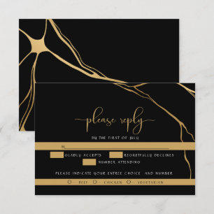 Cartão RSVP Abstrato preto e Dourado Kintsugi
