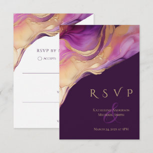 Cartão RSVP Abstrato Roxo e Casamento Elegante Dourado Moderno