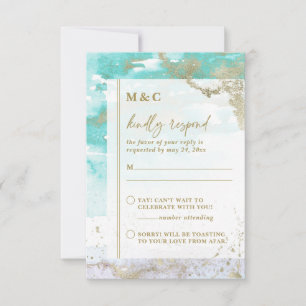 Cartão RSVP Abstrato Turquoise Lavanda Dourada Casamento