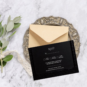 Cartão RSVP Academia Sombria Gótica Preta Renda Casamento Eleg