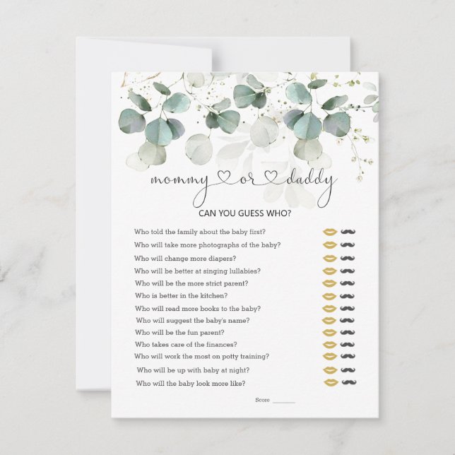 Cartão RSVP Adivinhem quem Mamãe ou Chá de fraldas Pai Jogo Ve (Frente)