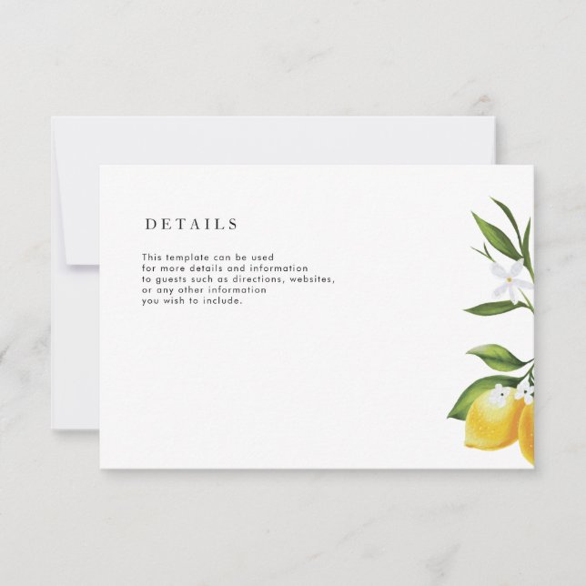 Cartão RSVP adorável carta de detalhes do casamento de limão c (Frente)