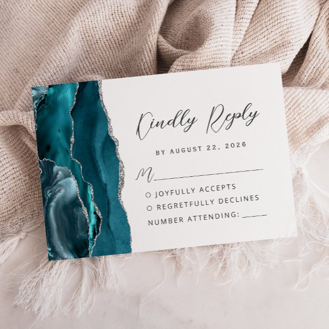 Cartão RSVP Ágata Azul Teal Prata Moderno Casamento Script (Criador carregado)