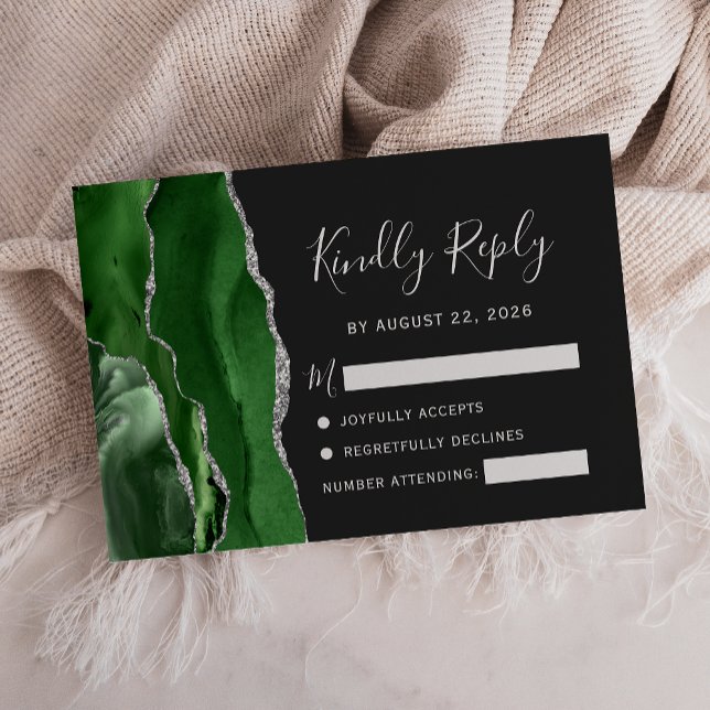 Cartão RSVP Ágata Caçador Verde Prata Escuro Casamento (Criador carregado)
