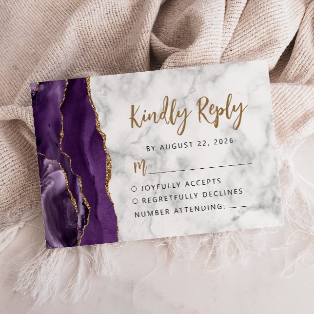 Cartão RSVP Ágata de Mármore Dourado Roxo Script (Criador carregado)