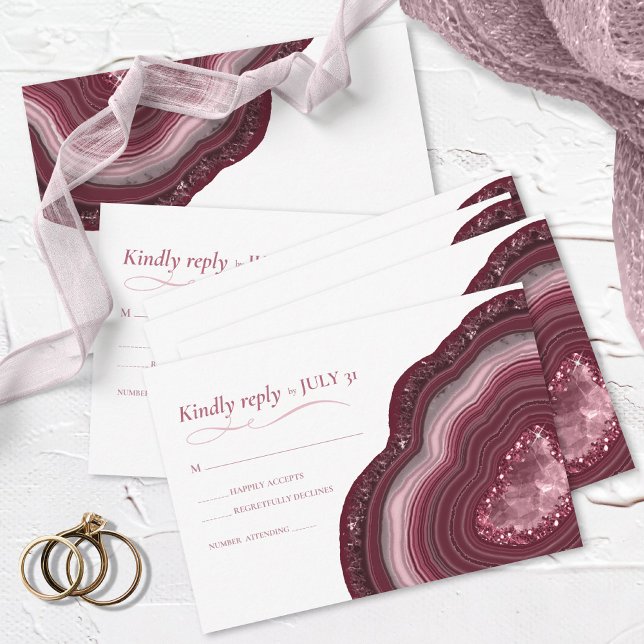Cartão RSVP Agate Geode Glitter Wedding Burgundy ID647 (Criador carregado)