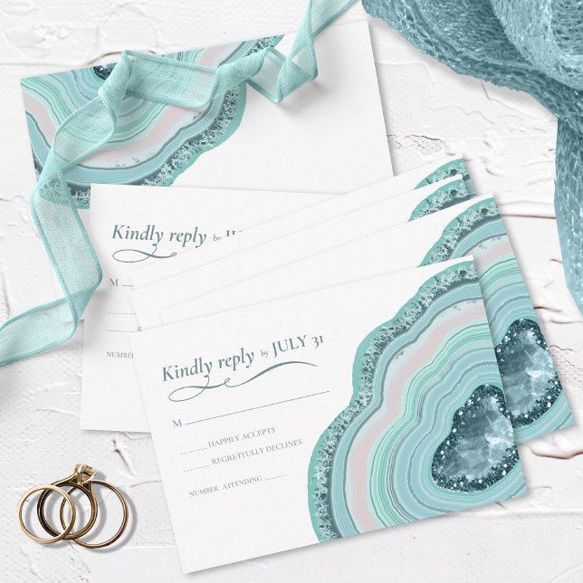 Cartão RSVP Agate Geode Glitter Wedding Teal ID647 (Criador carregado)