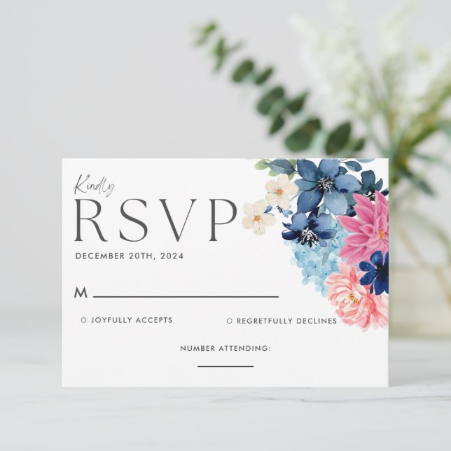 Cartão RSVP Algo azul antes de eu fazer o casamento floral (Em pé/Frente)
