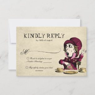 Cartão RSVP Alice Burgundy no Casamento Mad Hatter em Wonderla