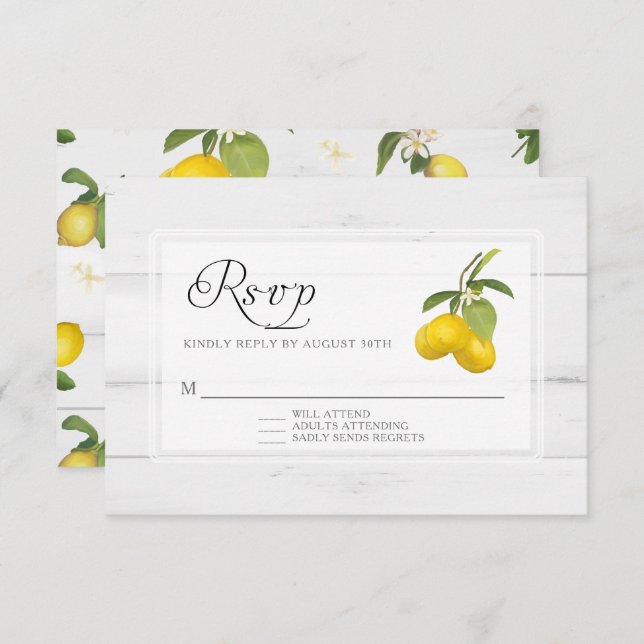Cartão RSVP Amarelo Floral Cítrico Limão Rústico Branco Madeir (Frente/Verso)