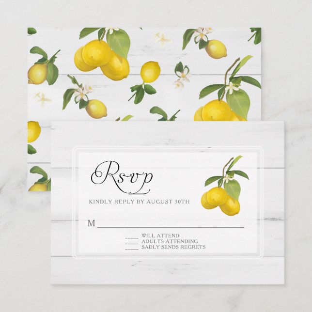 Cartão RSVP Amarelo Floral Limão Cítrico Rústico Branco Madeir (Frente/Verso)