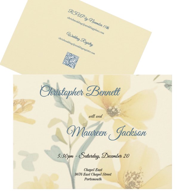 Cartão RSVP Amarelo-Manteiga Azul-Pálido Aquarela Floral (Enclosure cards for Acrylic and Vellum Invitations comes in horizontal and vertical versions)