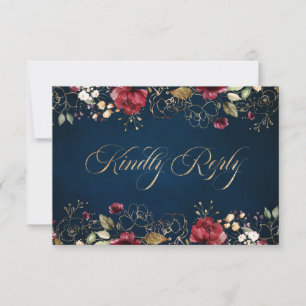 Cartão RSVP Amarelo Romântico Marinho Vermelho Dourado Borgonh