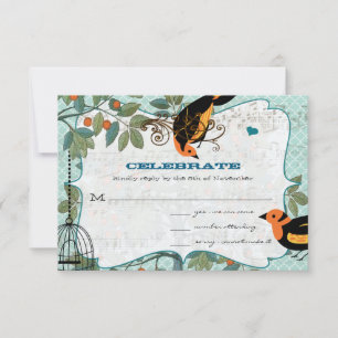 Cartão RSVP Amarelo Tangerina & Preto Deco Inspirado Aves