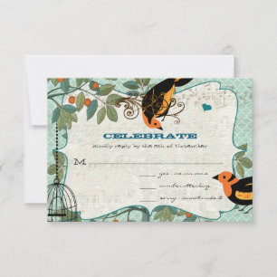 Cartão RSVP Amarelo Tangerina & Preto Deco Inspirado Aves