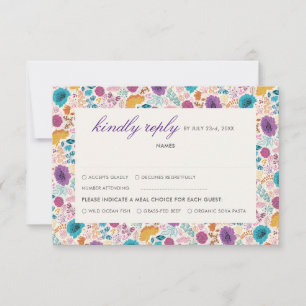 Cartão RSVP Amor em Flor Floral Romântico Rosa Roxo Casamento