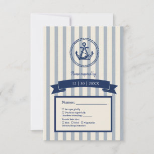 Cartão RSVP âncora azul listra marítimo casamento destino 