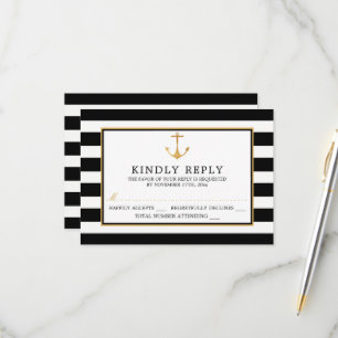 Cartão RSVP Âncora Dourada Náutica Vintage, Casamento Preto e 