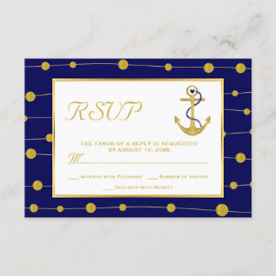 Cartão RSVP Âncora Dourado & casamento náutico dos azuis