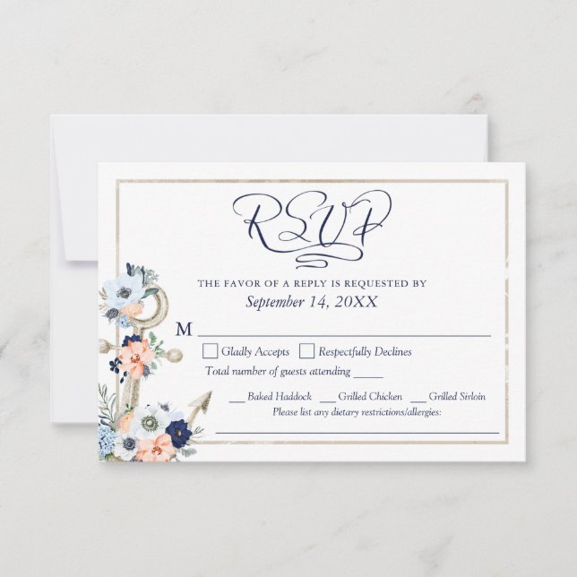 Cartão RSVP Âncora Náutica de Casamento Azul Marinho Pêssego M (Frente)