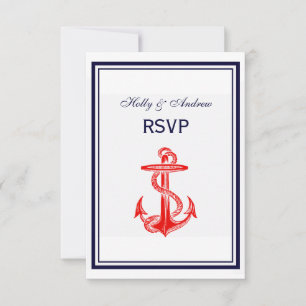 Cartão RSVP Âncora Vermelha Náutica Moldura Azul Marinho 2V RS