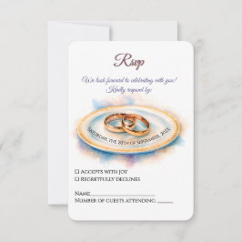 Cartão RSVP Anéis de Casamento de Rosa de Ouro de Aquarela Ele