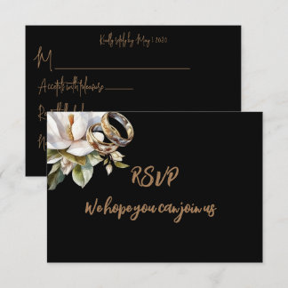 Cartão RSVP Anéis de Casamento Magnolia Dourados e Pretos