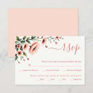 Cartão RSVP Anêmona rosa, bordadura floral de borboletas para