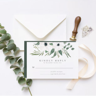 Cartão RSVP Anemones Sage e Dusty Casamento Eucalyptus Verde