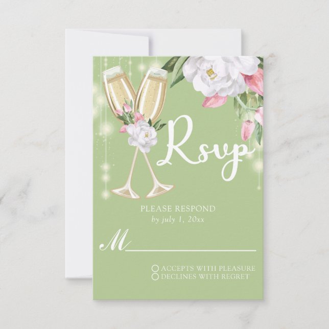Cartão RSVP Aniversário de 30 anos Floral de Champanhe Verde L (Frente)