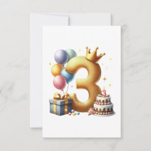 Cartão RSVP Aniversário de 3 anos dourado