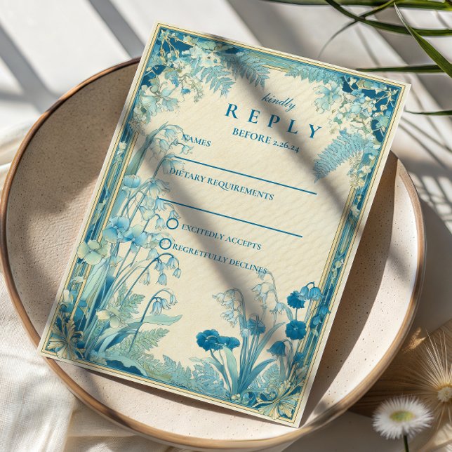 Cartão RSVP Antique Garden Blue Flower Wedding (Criador carregado)