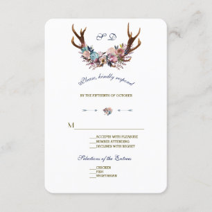 Cartão RSVP Antlers Dusty Blue Pink Floral   VP de Casamento